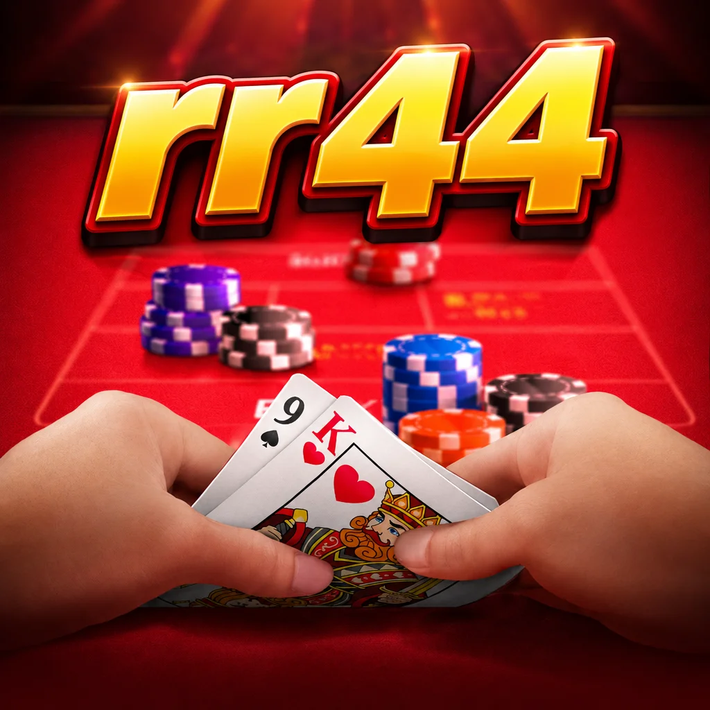 Dua tangan memegang kartu di atas meja kasino merah bertuliskan logo rr44 pada Baccarat Deluxe