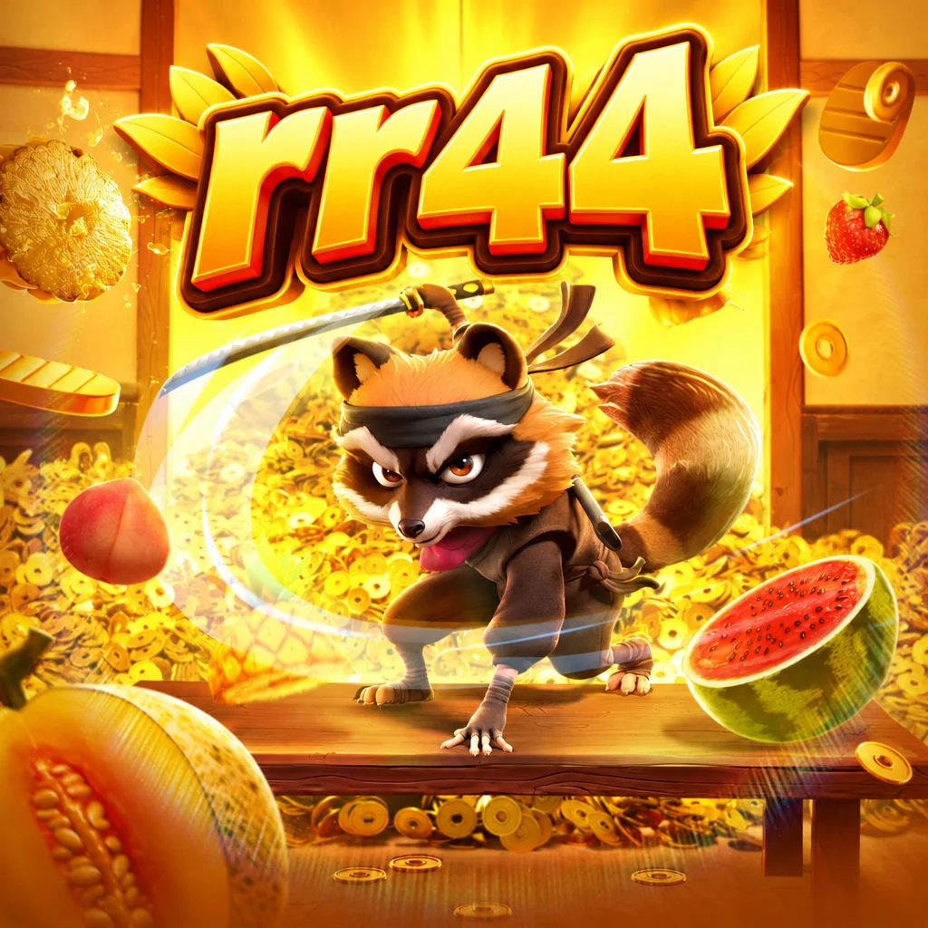 Karakter rakun ninja berpedang menebas buah di permainan Ninja Raccoon dari rr44